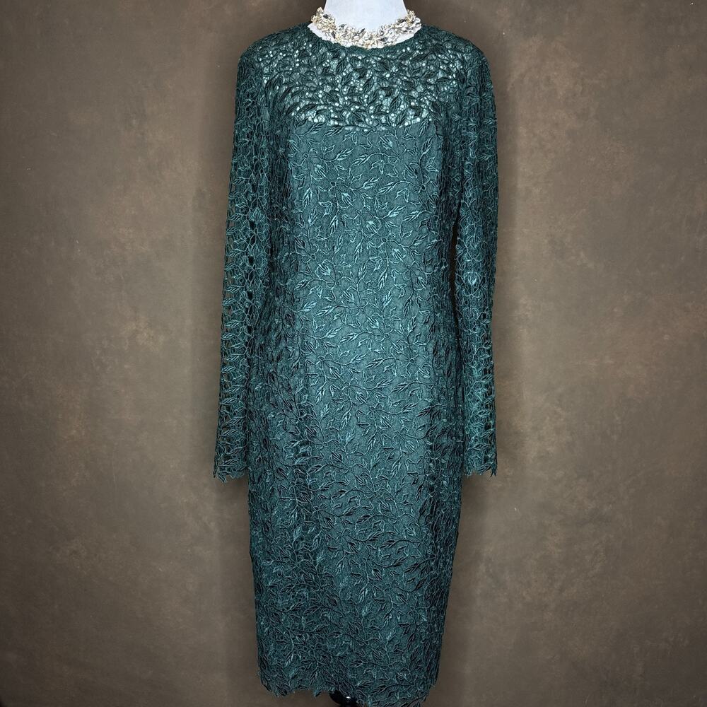 Monique Lhuillier ML Green Lace Sheath Dress Women’s 10 Long Sleeve Holiday